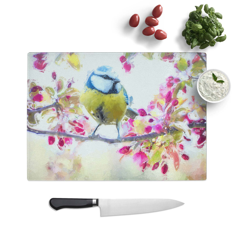 Tempered Glass Tit Bird in Spring Chopping Board, 39 cm W x 28.5 cm L
