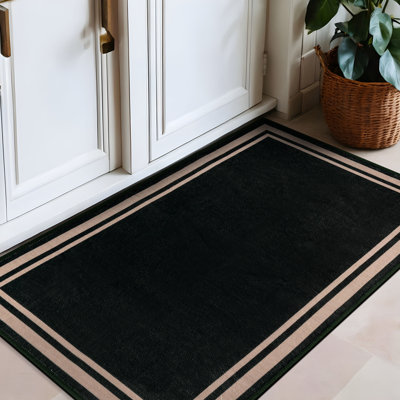Framed Border Black Machine Washable Polyester Non-Slip Backing Area Rug