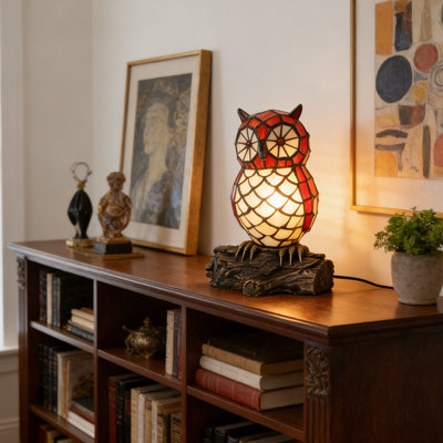 Lampe de table en forme de hibou en verre coloré Tiffany avec base en bois de résine rustique