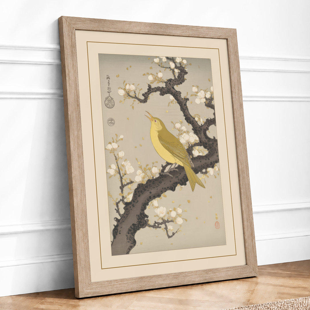 Bird on Blossom Branch Japandi - Framed Print