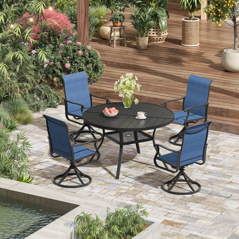 Ensemble repas d'extérieur pour 4 personnes avec chaises pivotantes 4 personnes, Noir / Bleu