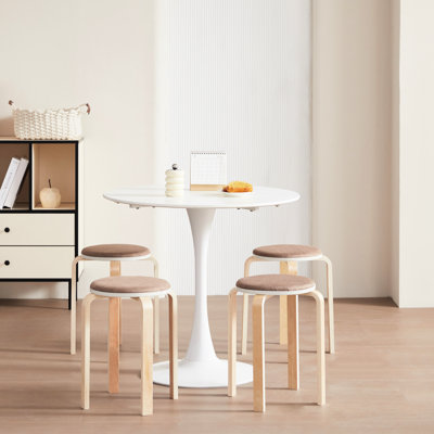 Coffee - Toned Of 4 Stackable Round Backless Stools Using Solid Wood, Suitable For Dining Room, Kitchen And Educational Settings, With Stable Legs Rounded Corners Tinted Crafted From Birch Poplar,