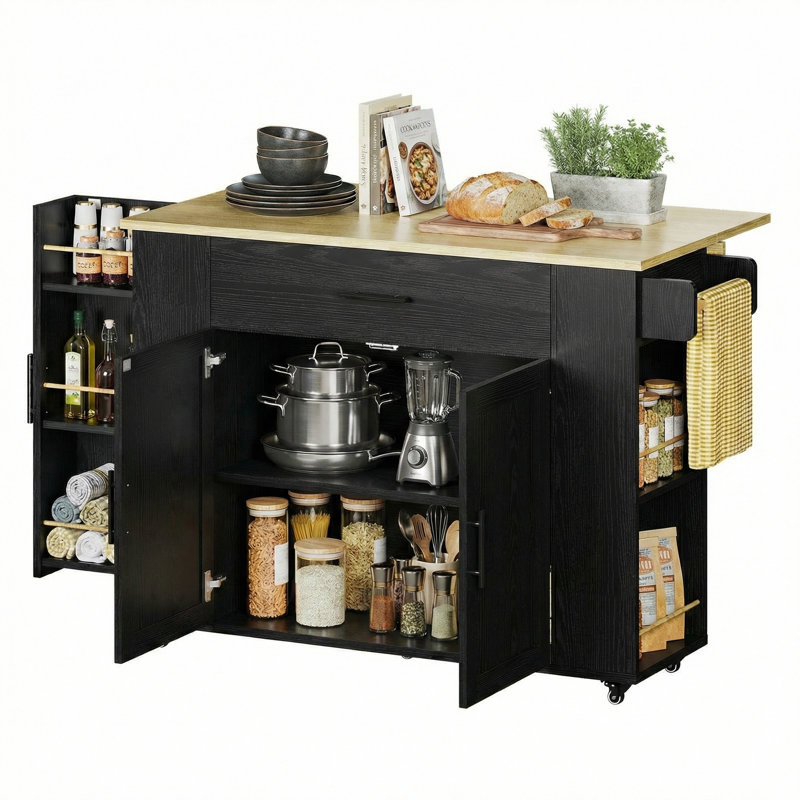 47.2" W Rolling Kitchen Island With Drawer And Cabinets, Kitchen Cart With Drop Leaf, Lockable Wheels And Towel Rack, Island For Kitchen, Dining Room