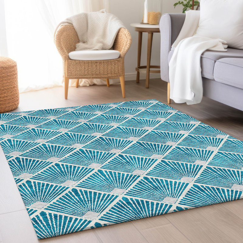 Tapis bleu sarcelle lavable à la machine Premium Prisco, Rectangle 10 pi x 14 pi