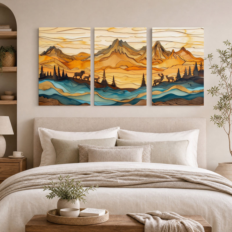 Paysage de montagne en bois superposé avec un ensemble de 3 toiles murales, H 24 po x l 16 po x 3 pièces