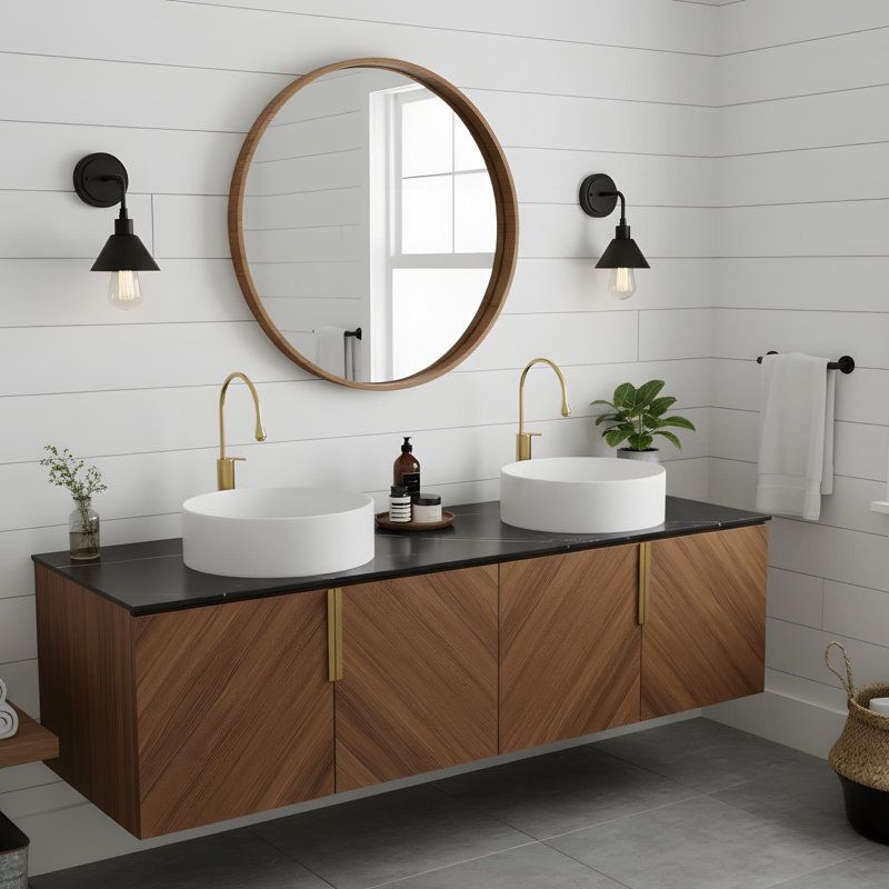 Meuble-lavabo mural 60 po avec portes doubles et lavabos ronds blancs 60 po