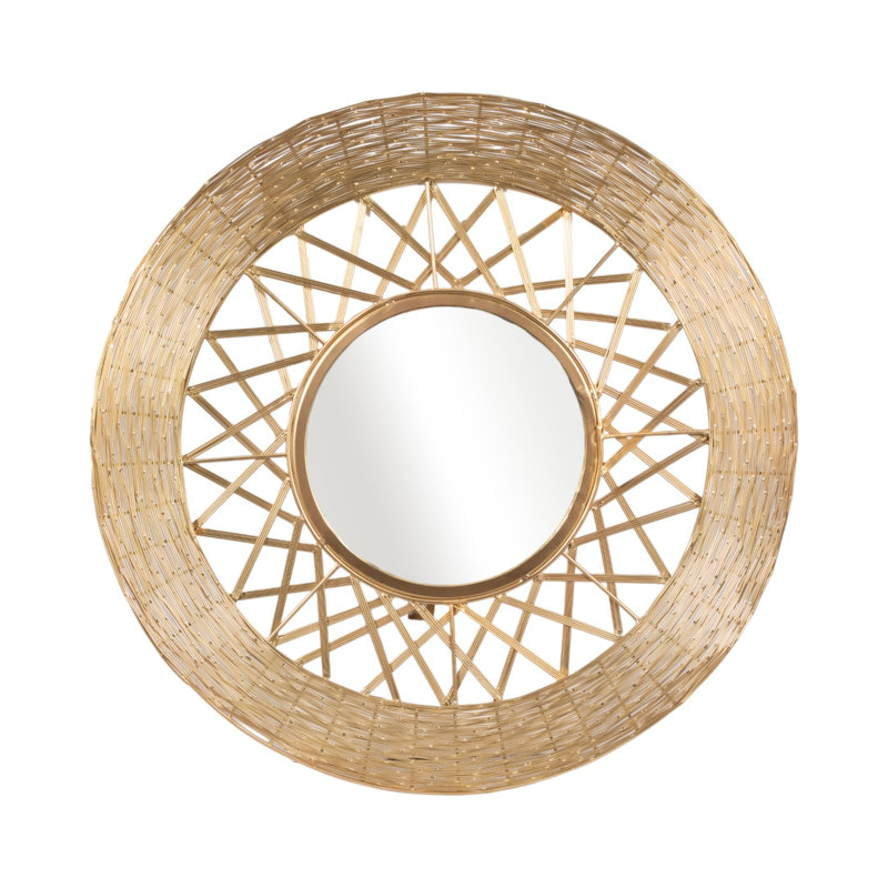 Andrasta Round Mirror Metal Wood Glass Woven Design 28" Gold Finish Glam Style for Home Office Bedroom Living Room Wall Decor
