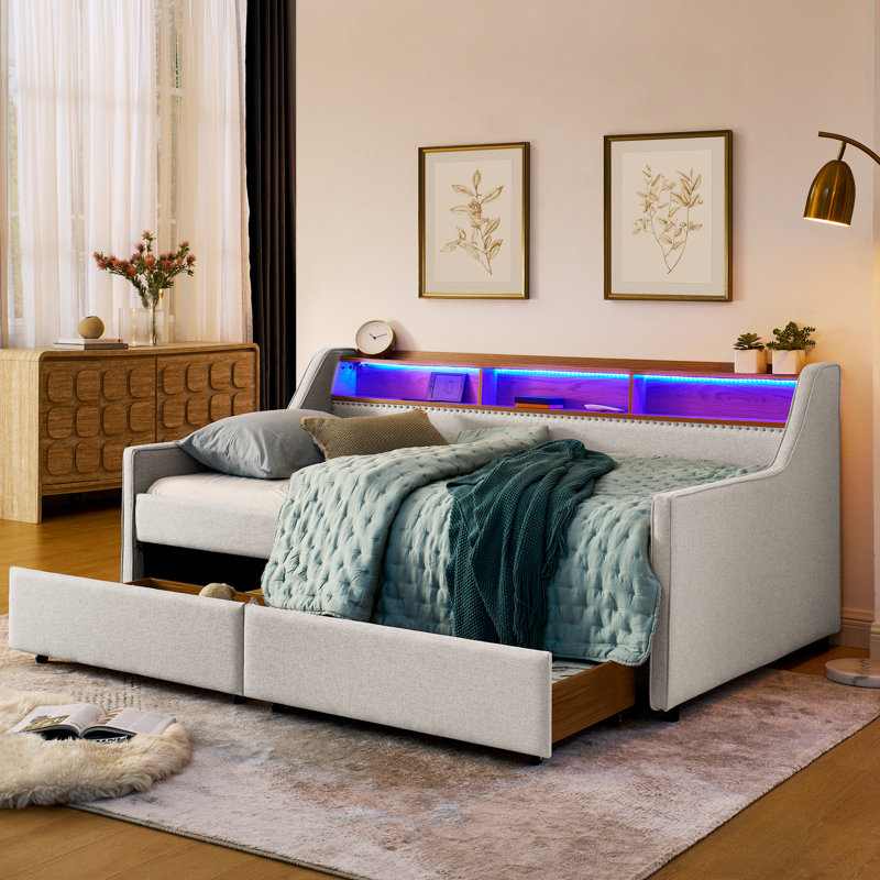 Lit simple beige avec chargement sans fil, 3 lumières à DEL, tête de lit réglable, rembourrage en lin, lit rembourré avec rangement, 2 tiroirs, support pour tête de lit