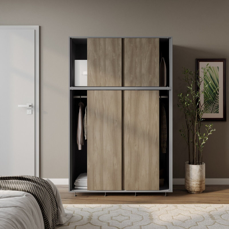 2 Sliding Doors Wardrobe 2 Drawer Bedroom Clothes Hanging Rail Grey Carcass with Black Doors Storage Cupboard, Gray/Oak