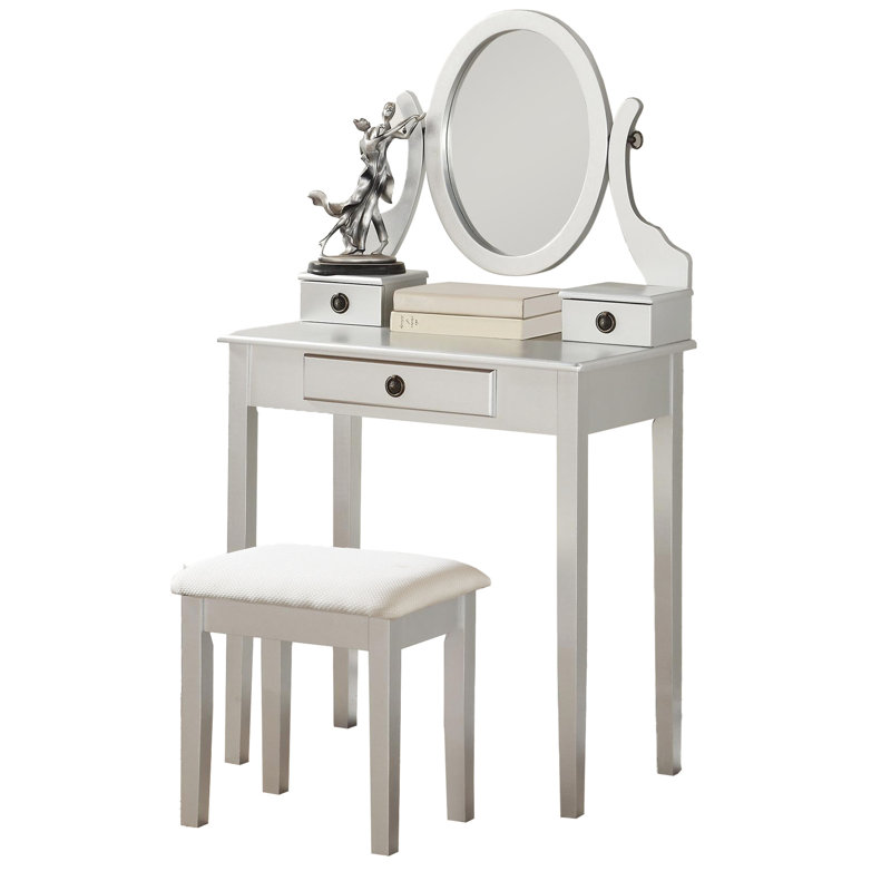 Coiffeuse et tabouret de maquillage contemporain en bois, argenté - rangement à 3 tiroirs, miroir ovale dans miroir ajustable, complément au style de la chambre à coucher
