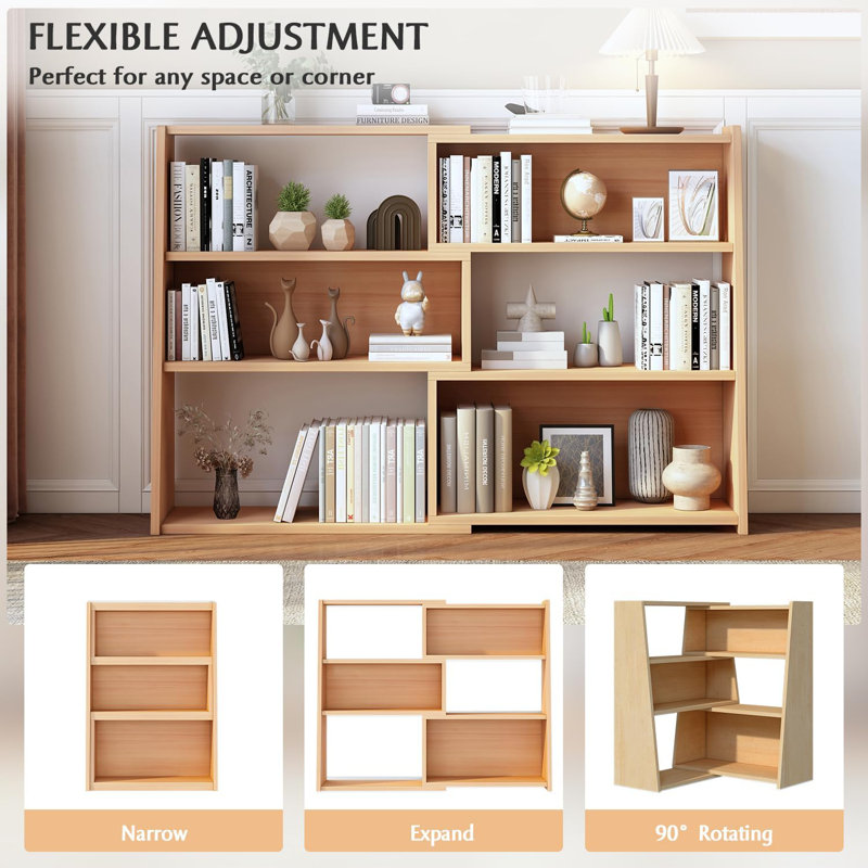 Oak Corner Ladder Low Bookshelf with Extendable Shelves