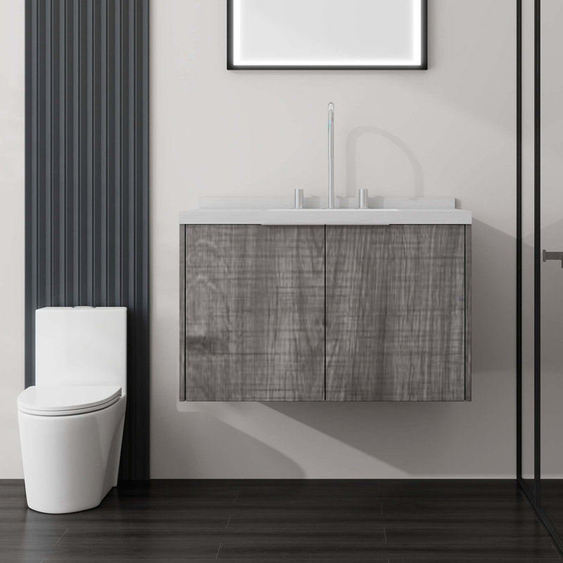 Meuble-lavabo flottant avec comptoir en marbre de culture et portes à fermeture en douceur, Gris