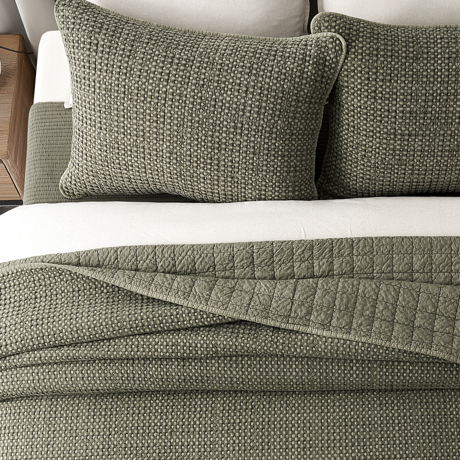Waffle Cotton Quilt Set, Queen Quilt + 2 Standard Shams, Olive Green