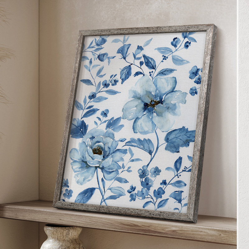 Impression encadrée de chinoiseries bleues - bois massif 43376, H 15 po x l 12 po