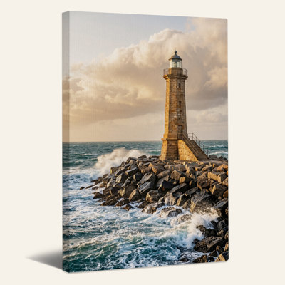 Art sur toile, phare en pierre sur une côte rocheuse avec vagues océaniques