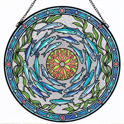Fish Spiral Stained Glass Window Panel，7.8H