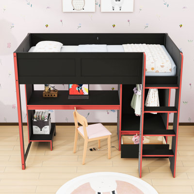Wood Loft Bed With Built-In Desk, Wardrobe, Drawer And LED Light by Harriet Bee