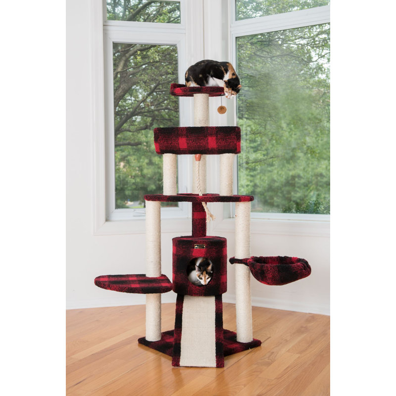 58'' Red and Black Plaid Sisal Cat Tree with Condo and Ramp
