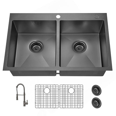 33X22 Inch Double Bowl Topmount Kitchen Sink With Spring Neck Faucet, 18-Gauge Stainless Steel