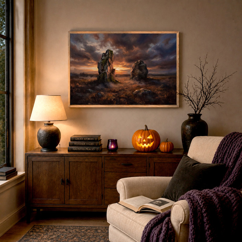 Art mural sur toile Mossy Rock Formations Under Dramatic Sunset Sky, H 32 po x l 48 po