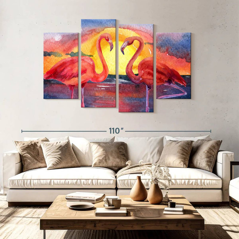 Flamants et coucher de soleil, H 54 po x l 84 po