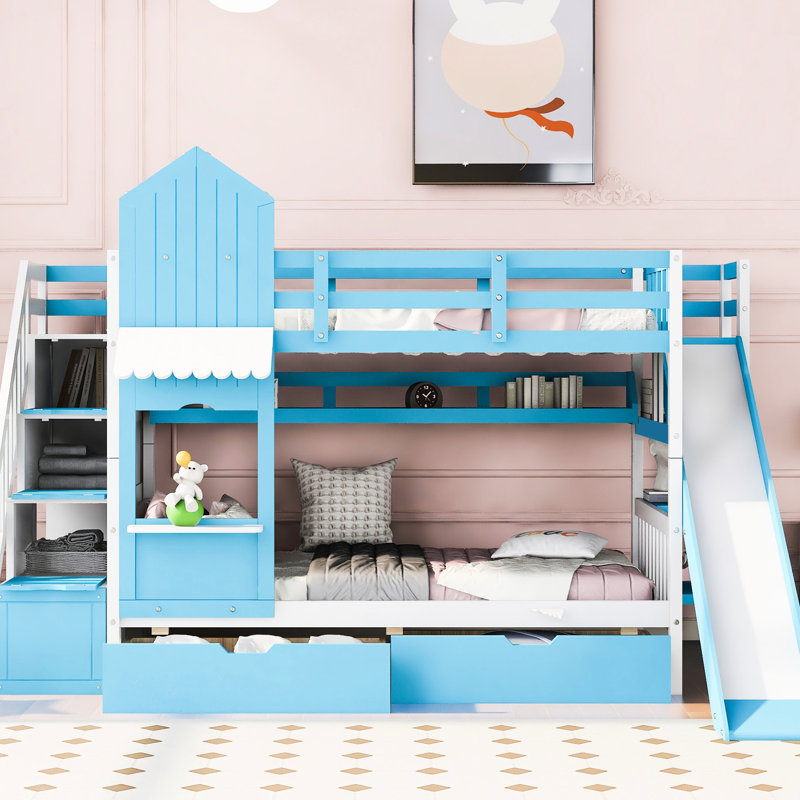 Blue Twintwin Bunk Bed Featuring 2 Drawers, 3 Shelves And Slide. Robust Wood Frame For Over 6 Years. 106.3In.L X 76.6In.W 72.8In.H. 250Lbs Capacity Per Bed. Box Spring Not Included With Build 6.