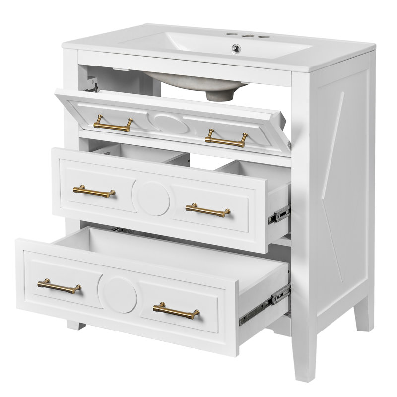 Meuble-lavabo classique de 30 po avec tiroirs de haute qualité, structure en bois massif et grand espace de rangement blanc, avec lavabo en céramique, planche, 3 tiroirs