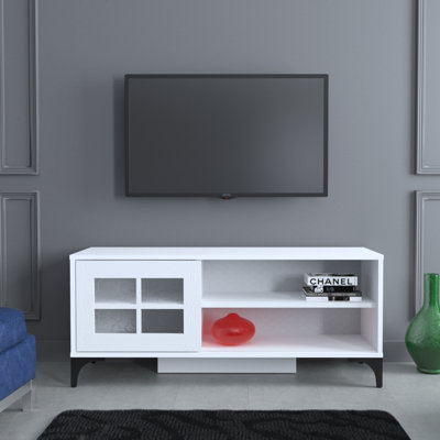 Modern TV Stand with Metal Legs, White Finish, 49.2 x 21.3 x 16.5 inches | 100% Melamine Coated Particle Board, Thickness: 0.7 inches | Stylish & Durable Design for Living Room & Entertainment Spaces
