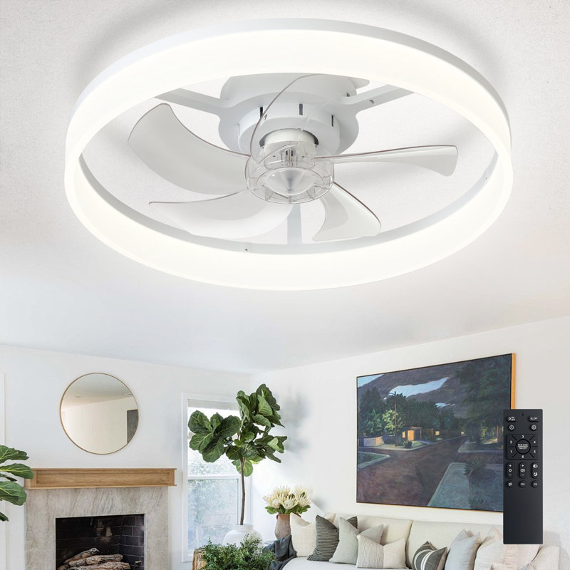 Ventilateur de plafond encastré blanc 20 po avec lumière, profil bas, application et télécommande, moteur à courant continu silencieux à 6 vitesses, DEL à intensité variable pour la chambre à coucher