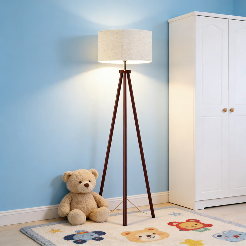 Wood Tripod Floor Lamp With Linen Shade For Living Room, Bedroom, And Office, Includes 12W Three-Color LED Bulb And Pull Chain Switch, Solid Wood Construction For Stability And Style