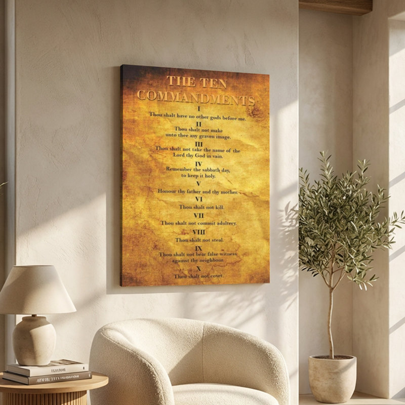 «Ten Commandments Scripture List», art parchemin rétro sur toile tendue - H 36 po x l 24 po