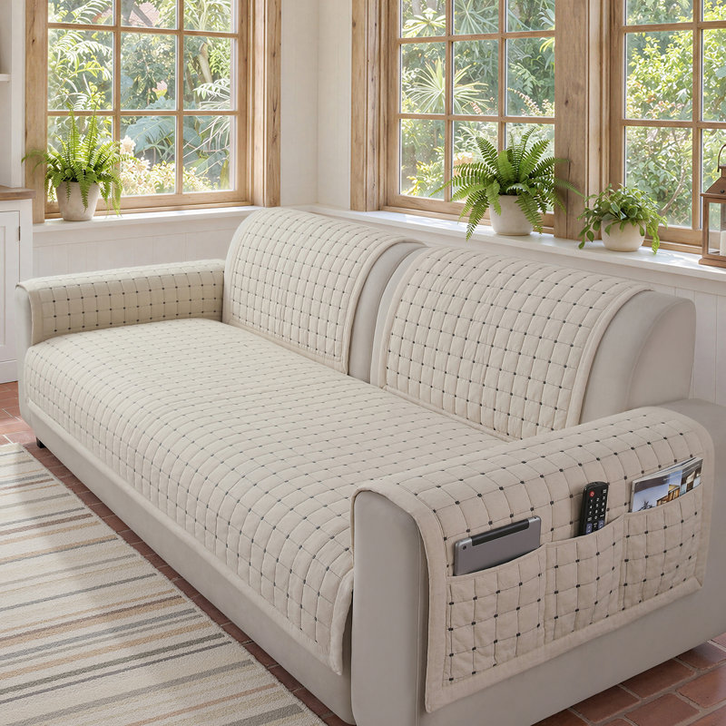 Housse de canapé en coton et lin, protège-coussin de canapé rayé et antidérapant, blanc, L 28 po x P 28 po, White
