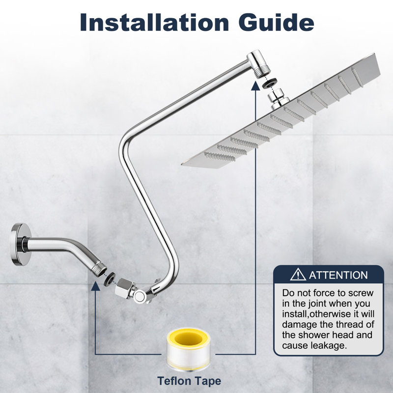 Chrome Square Adjustable Rain Shower Head with Extended Arm