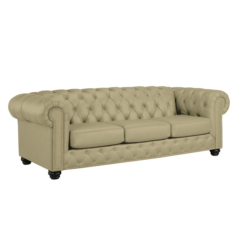 Orner 93" Leather Rolled Arm Chesterfield Sofa, Tan Leather Match