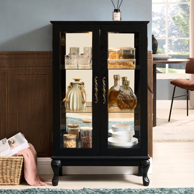 Curio Cabinet With Adjustable Shelves, Integrated Lighting, And - Toppling Device For Collectibles In Office American Retro Display Tempered Glass Doors, Mirrored Back, Shelves Home Decor