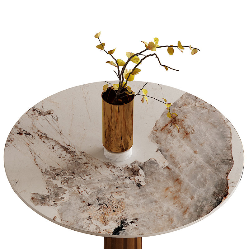 33" Contemporary Luxury Round Dining Table Collection with Embossed Striped Walnut Pedestal and Gold Base - Available in Midnight Onyx Glass, Arctic Texture, Sahara Mist and Black Grid Marble Finishes