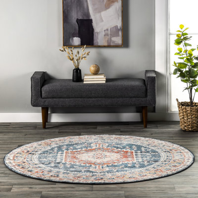 Tapis médaillon Mauna pour le salon, la salle à manger et la cuisine, bleu / ivoire