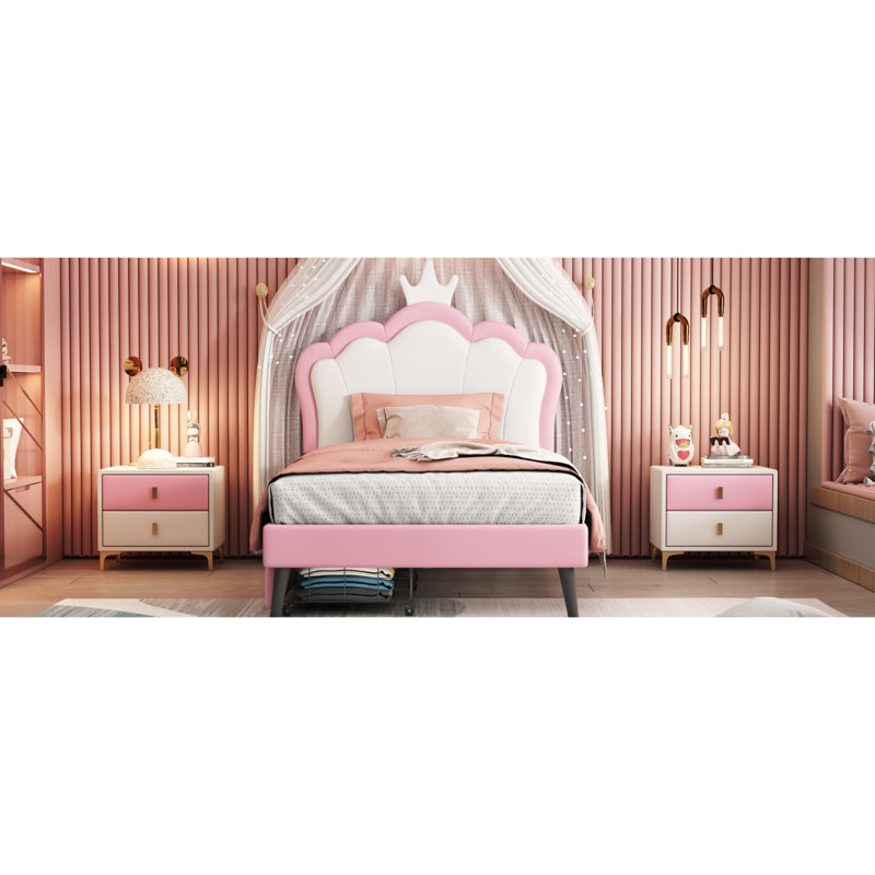 Lit simple tapissier princesse avec tête de lit couronne et 2 tiroirs