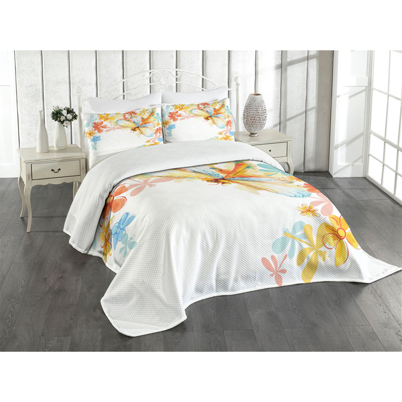 Ambesonne Retro Bedspread Set Vintage Spring Dragonfly Multicolor, King Bedspread + 2 Standard Shams