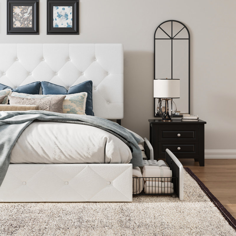Silvester Modern Upholstered Platform Storage Bed with Wooden Slats, no box spring needed, Full, White Diamond Faux Leather