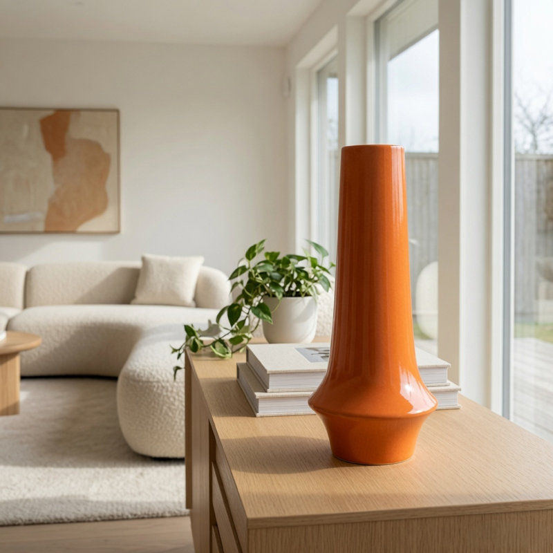 Vase décoratif Seny, col étroit, base évasée, céramique orange 16 po