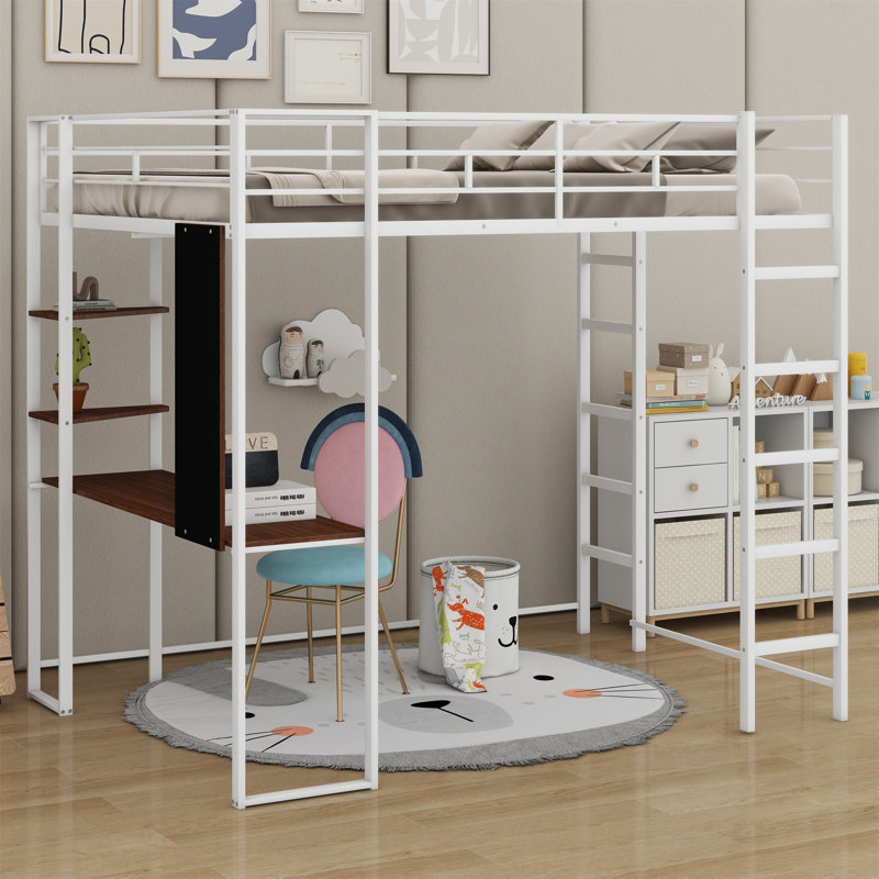 Lit mezzanine en métal avec 2 tablettes et un bureau, Twin, Blanc