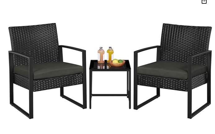 Ensemble de patio d'extérieur en osier 3 pièces avec coussins, ensemble bistro en rotin à base fixe, osier noir avec coussins bleus