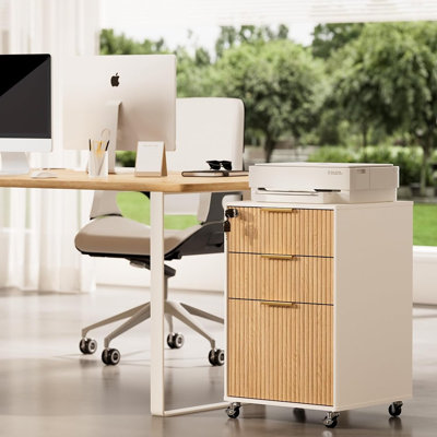 Classeur mobile cannelé avec serrure, support d'imprimante à roulettes et rangement sous bureau, mobilier de bureau en bois, chêne