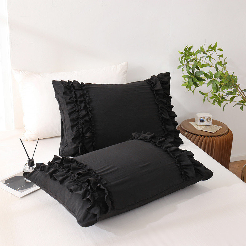 Ruffle King Pillowcases Set of 2,Chic Ruffle Pillow Cases,20x30 inches Black Pillow Covers,French Country Vintage Ruffled Pillowcases 2 Pack, Soft Microfiber