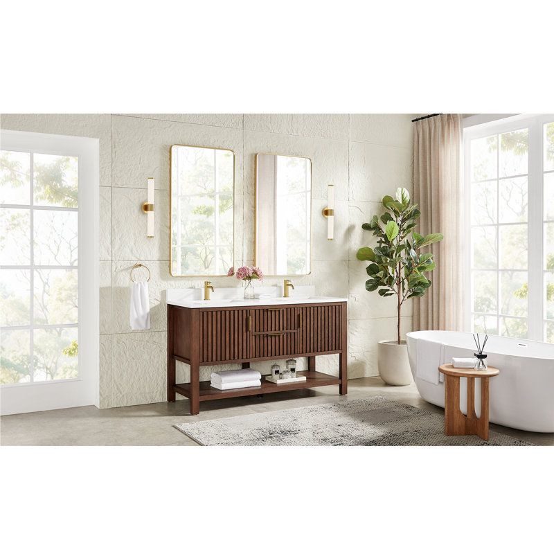 Meuble-lavabo double 60 po Chapdelaine, Chêne brun foncé vieilli / or brossé
