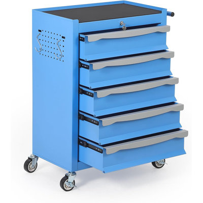 Coffre à outils à 5 tiroirs, chariot à outils roulant, armoire de rangement pour outils de grande capacité avec verrous à clé et tiroirs, boucle à maillons, et peut être combiné à un grand ensemble d'armoires, pour garage, atelier, entrepôt