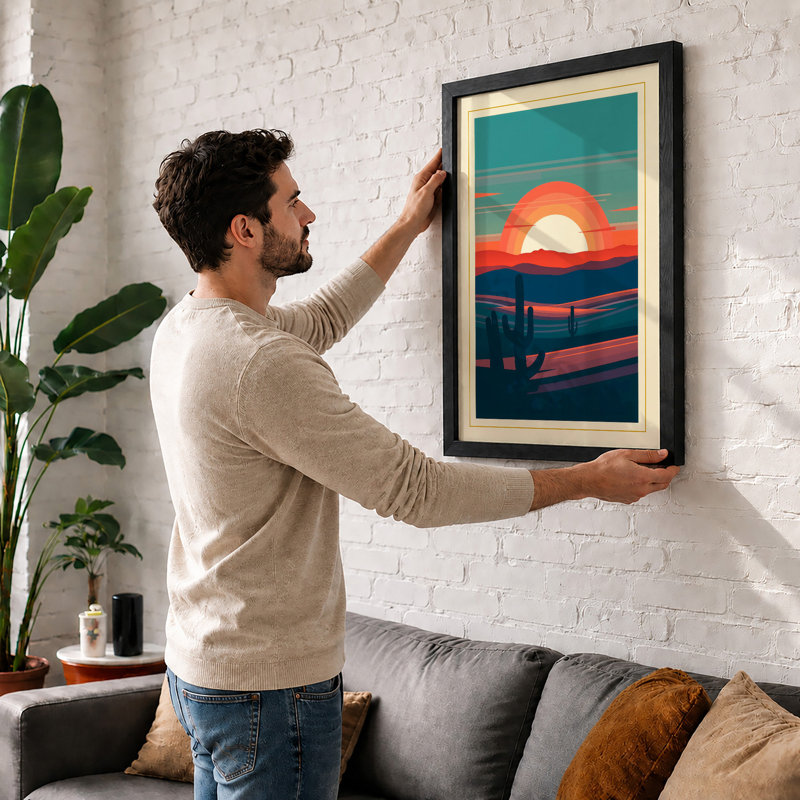Sunset Over Water Mid-Century - Framed Print, A3 - 42.0 x 29.7 cm, Walnut