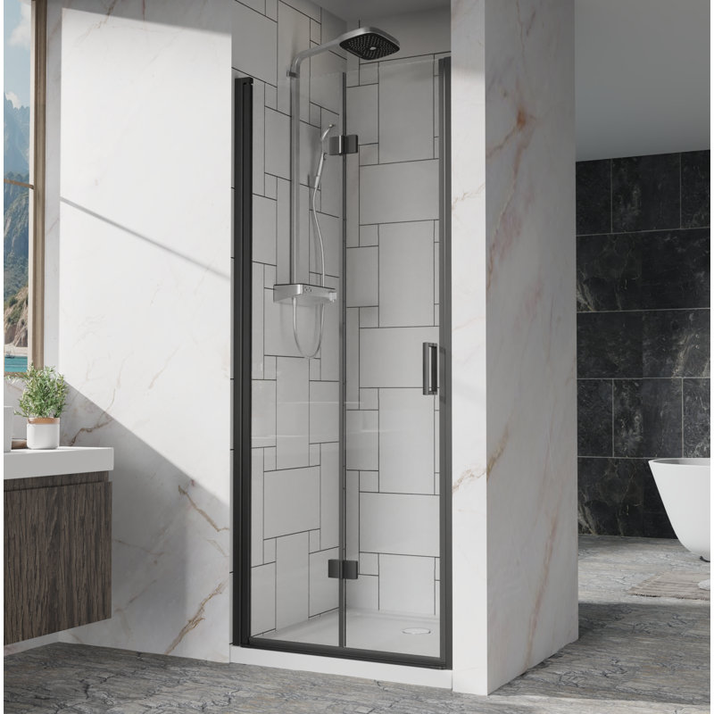 32 po x 72 po Porte de douche pivotante en verre pliable sans cadre 1/4 de pouce (6 mm) Panneau de douche en verre trempé transparent au fini noir, installation réversible