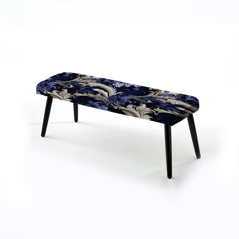 Cobalt Blue Baroque Scrolls Victorian Pattern I - Floral Upholstered Black Bench